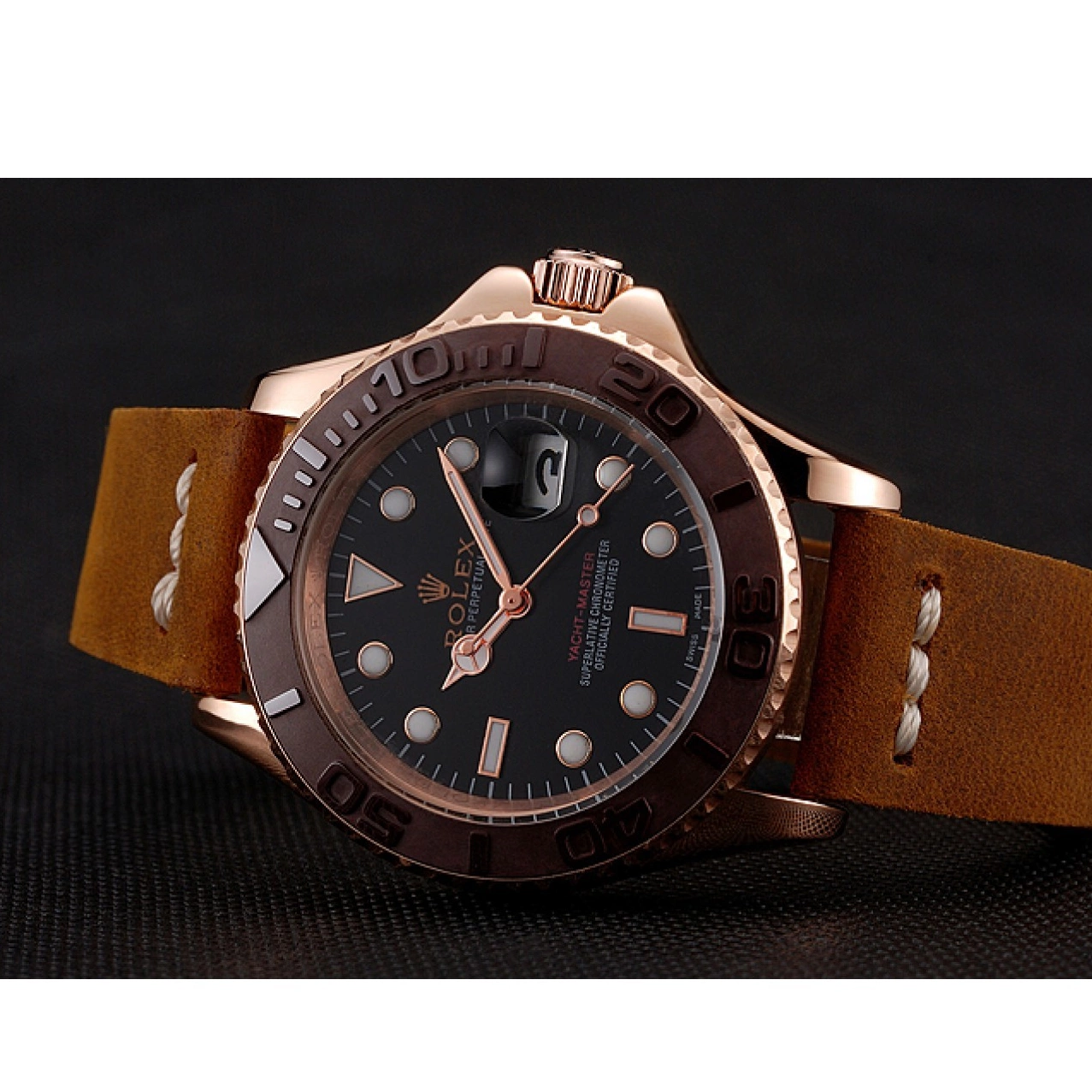 AAA replica watch Leather Bracelet Rolex Master 1453860 Bezel Brown Rose Yacht Dial Black Gold Brown Case 0516